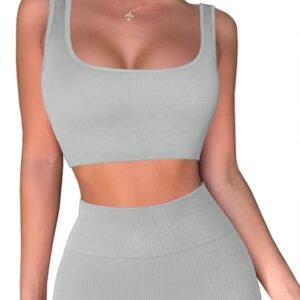 QINSEN Workout Sets for Women 2 Piece Seamless Ribbed Crop Tank High Waist Shorts Yoga Outfits