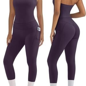 OMKAGI 2 Piece Workout Sets for Women Halter Tops Booty Leggings with Pockets Gym Outfits
